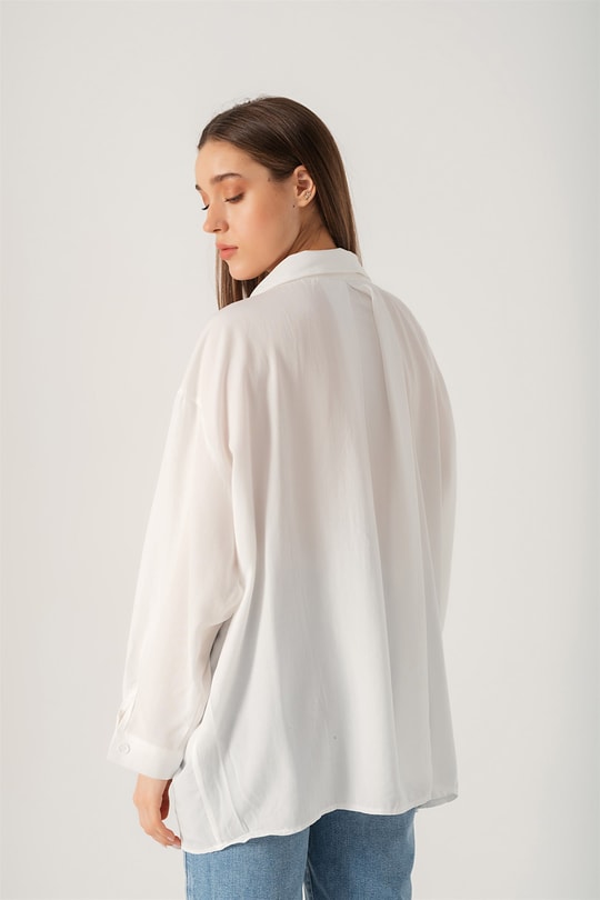 Omzu Düşük Oversize Gömlek Beyaz