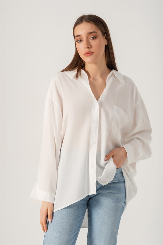 Omzu Düşük Oversize Gömlek Beyaz