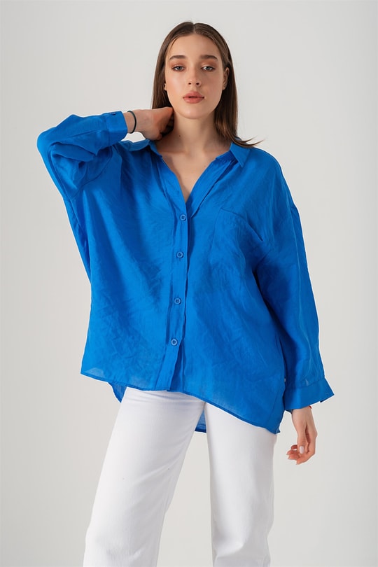 Omzu Düşük Oversize Gömlek Mavi