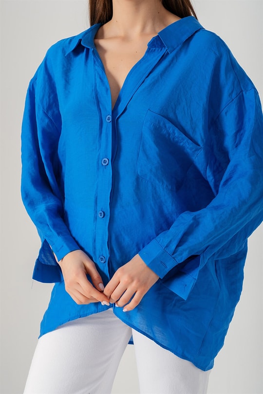 Omzu Düşük Oversize Gömlek Mavi