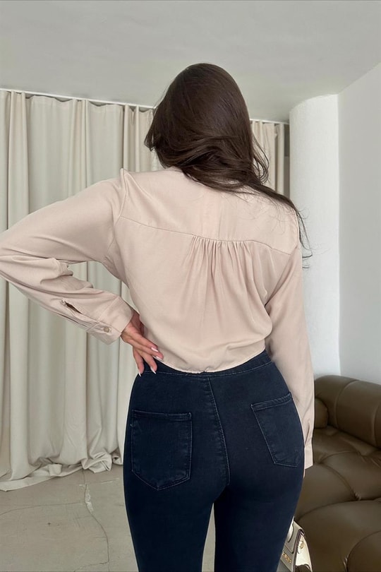 Önü Bağlamalı Basic Gömlek Taş