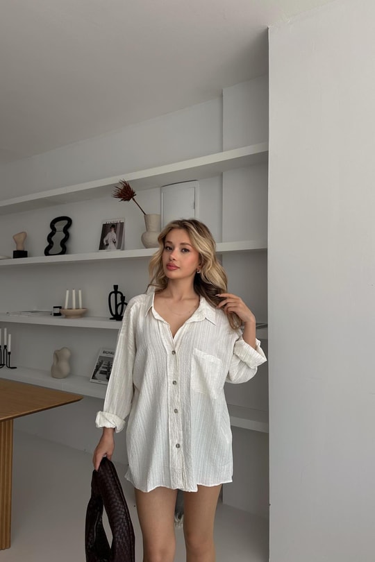 Oversize Bürümcük Gömlek Krem