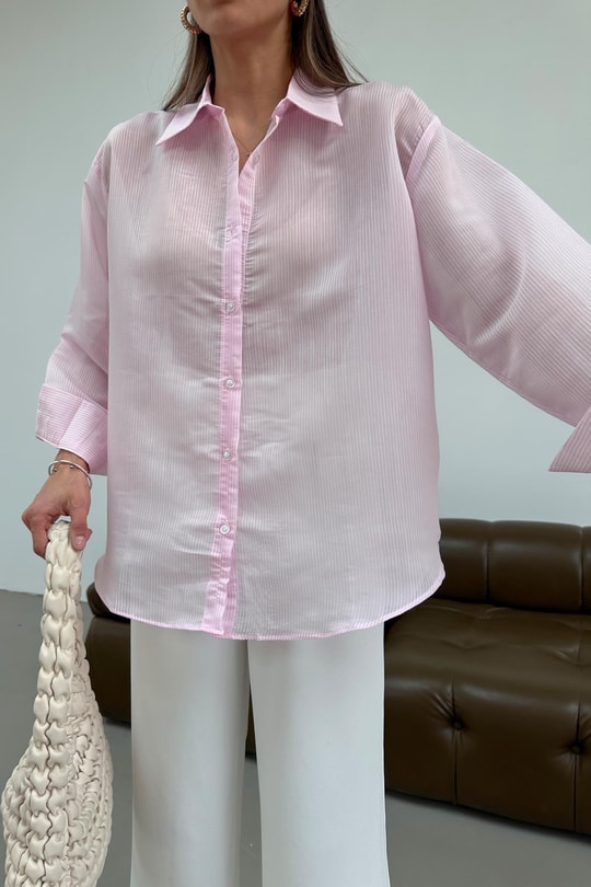 Oversize Çizgili İpek Gömlek Pembe
