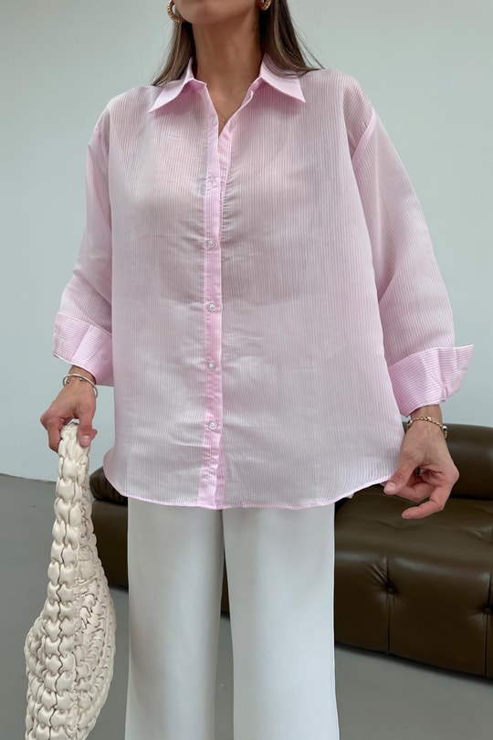 Oversize Çizgili İpek Gömlek Pembe