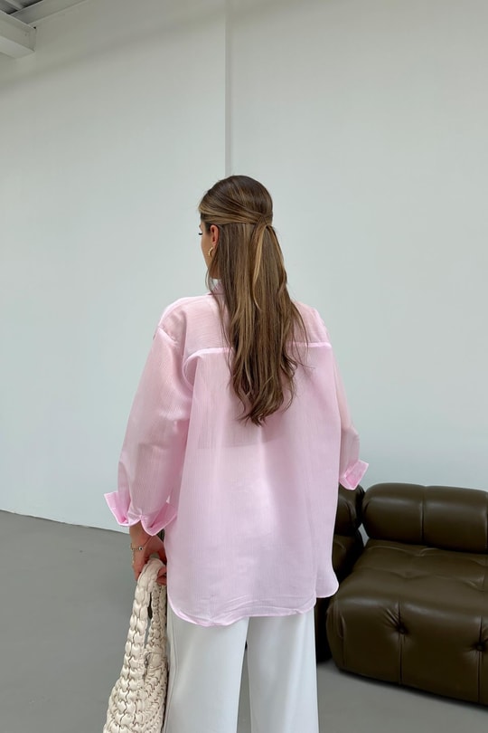 Oversize Çizgili İpek Gömlek Pembe