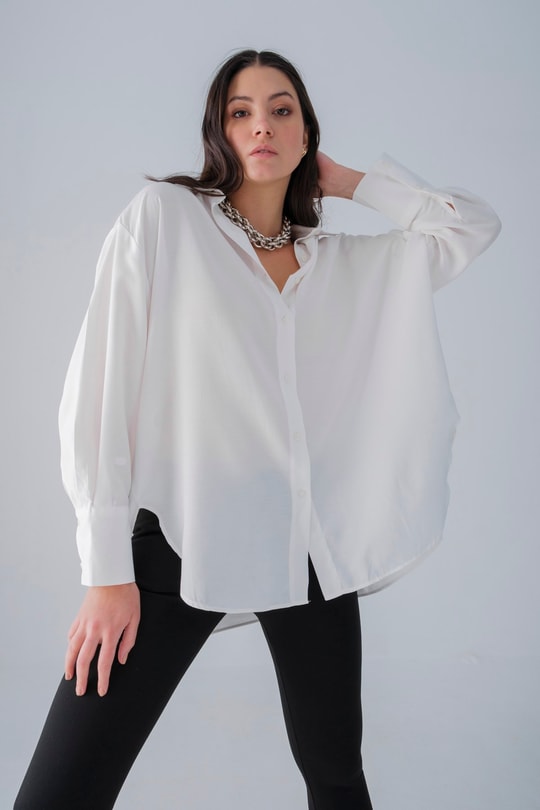Oversize Fitilli Gömlek Beyaz