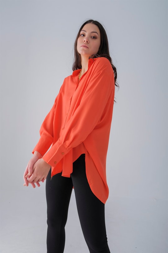 Oversize Fitilli Gömlek Oranj