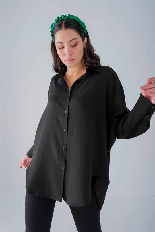 Oversize Fitilli Gömlek Siyah