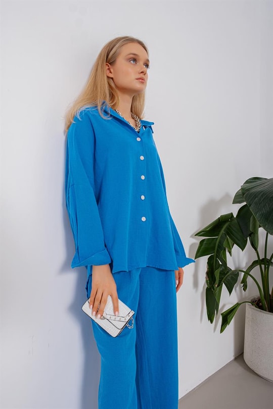 Oversize Ham Keten Gömlek Saks Mavisi