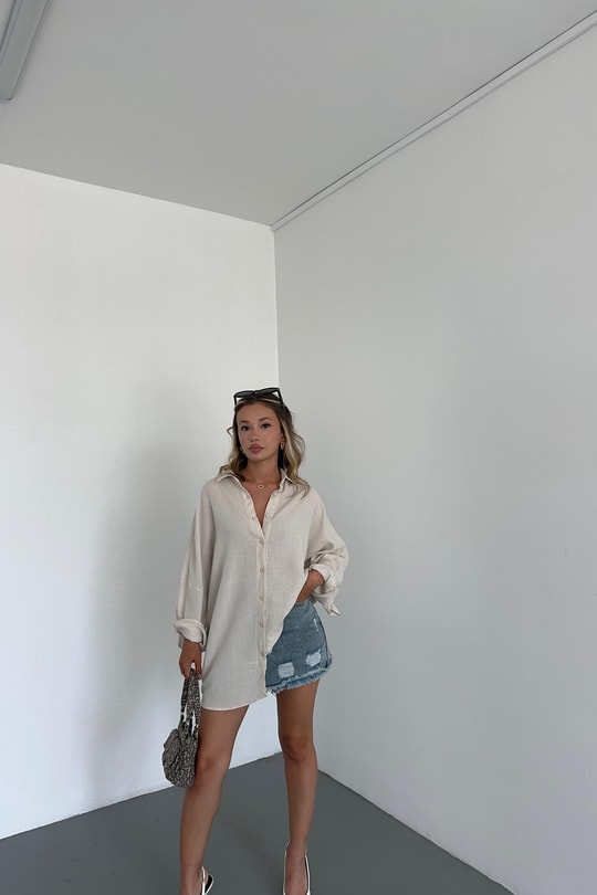 Oversize Ham Keten Gömlek Taş