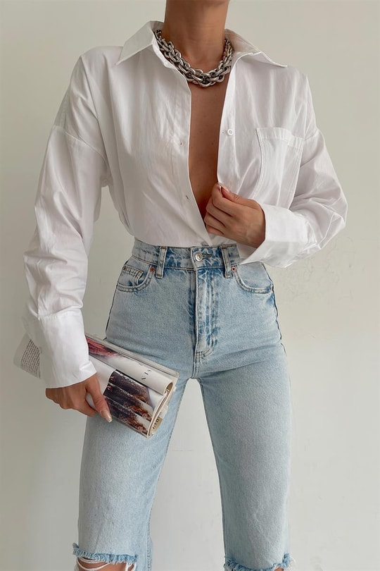 Oversize Keten Gömlek Beyaz