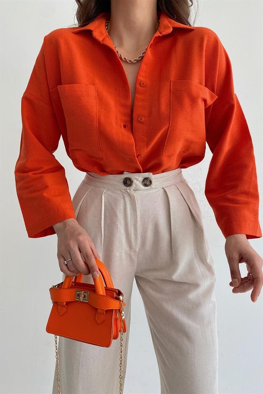 Oversize Keten Gömlek Oranj