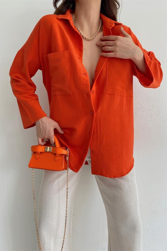 Oversize Keten Gömlek Oranj