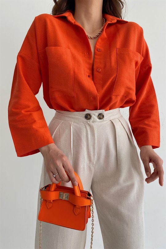 Oversize Keten Gömlek Oranj