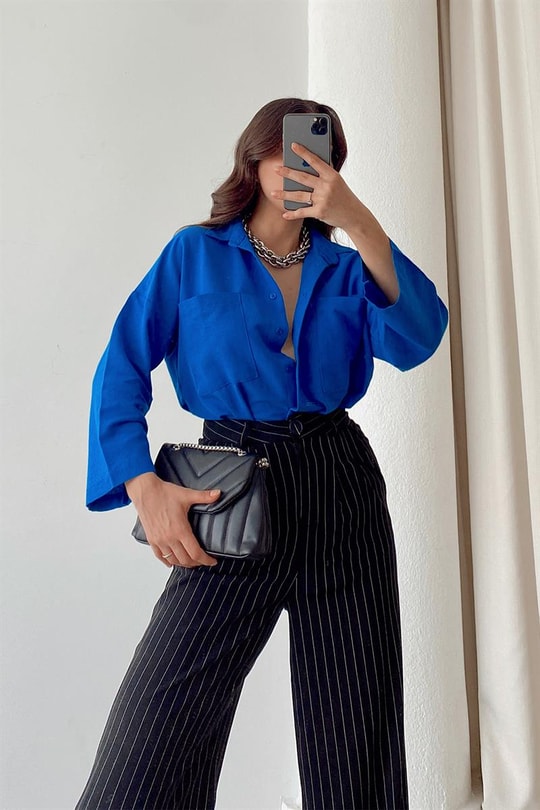 Oversize Keten Gömlek Saks Mavisi