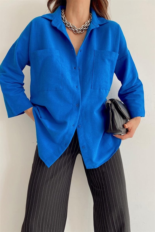 Oversize Keten Gömlek Saks Mavisi