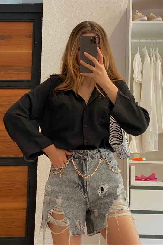 Oversize Keten Gömlek Siyah