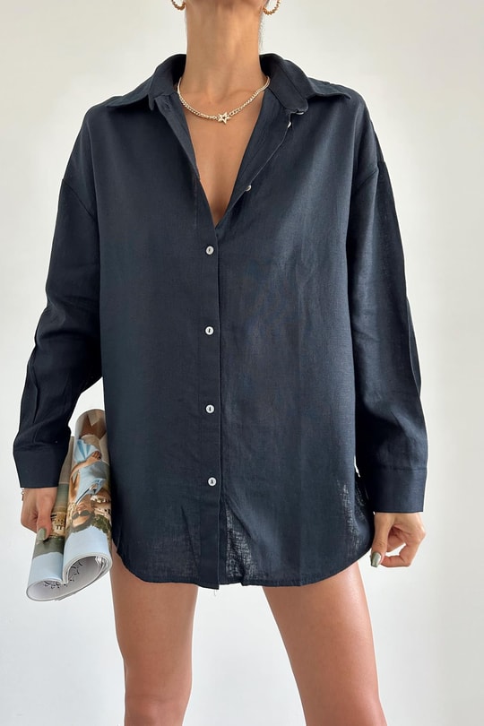 Oversize Relax Keten Gömlek Lacivert