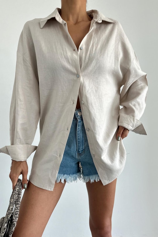 Oversize Relax Keten Gömlek Taş