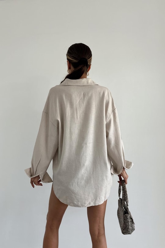 Oversize Relax Keten Gömlek Taş