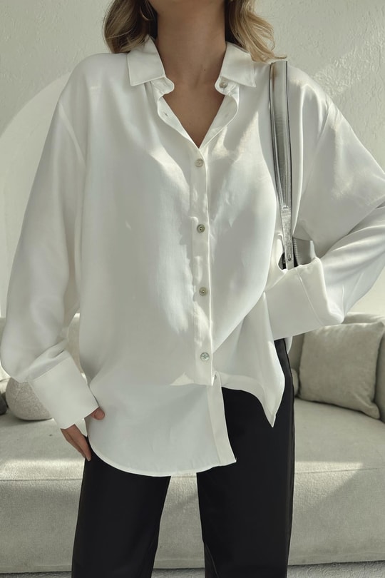 Oversize Saten Gömlek Beyaz