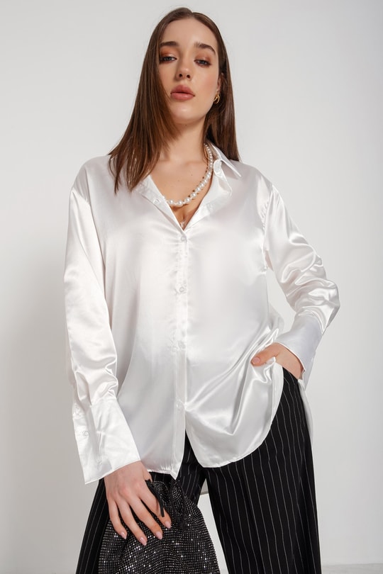 Oversize Saten Gömlek Beyaz