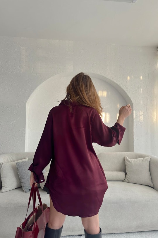 Oversize Saten Gömlek Bordo