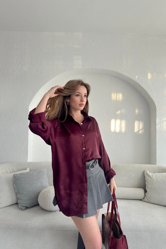 Oversize Saten Gömlek Bordo