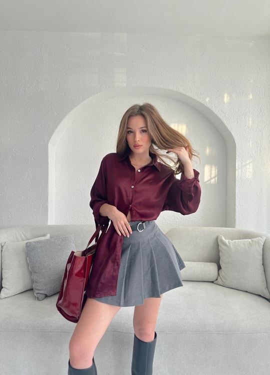 Oversize Saten Gömlek Bordo