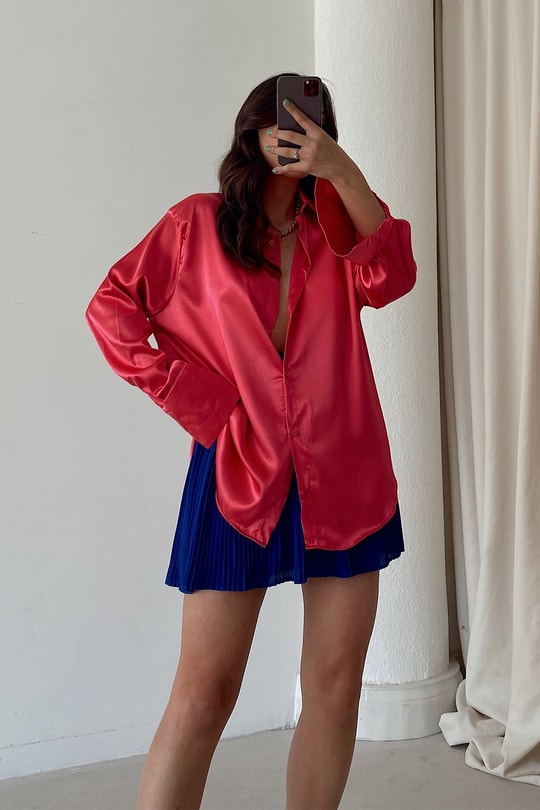 Oversize Saten Gömlek Fuşya