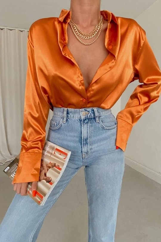Oversize Saten Gömlek Oranj