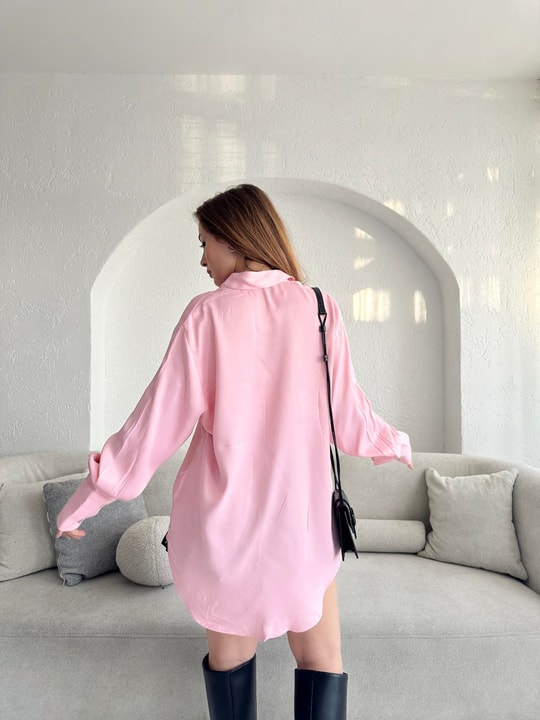 Oversize Saten Gömlek Pembe
