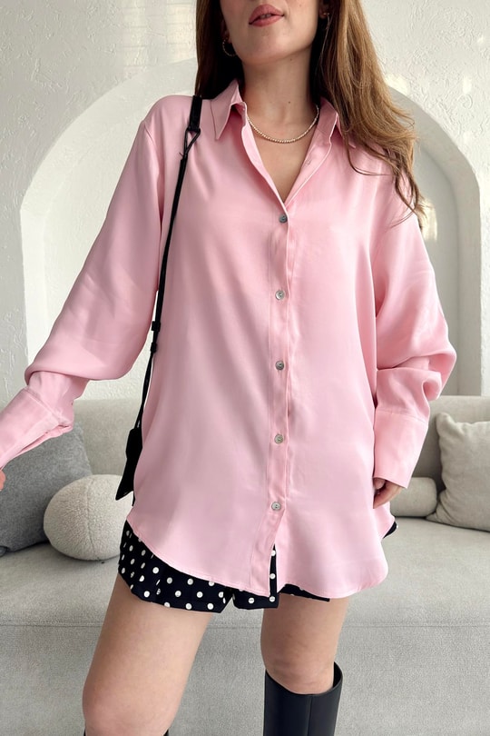 Oversize Saten Gömlek Pembe