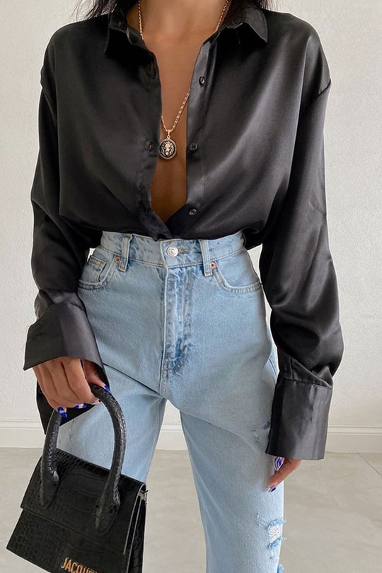 Oversize Saten Gömlek Siyah