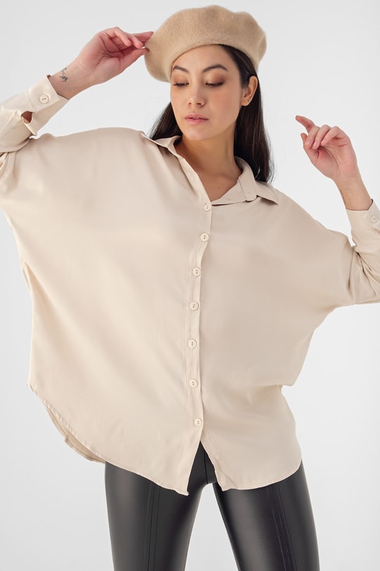 Oversize Saten Gömlek Taş