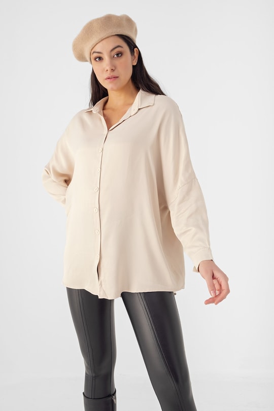 Oversize Saten Gömlek Taş