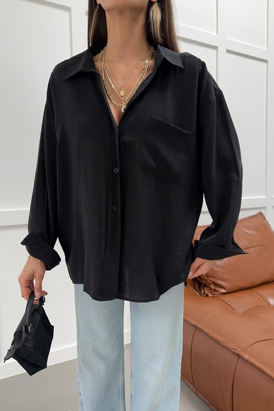 Oversize Tensel Gömlek Siyah