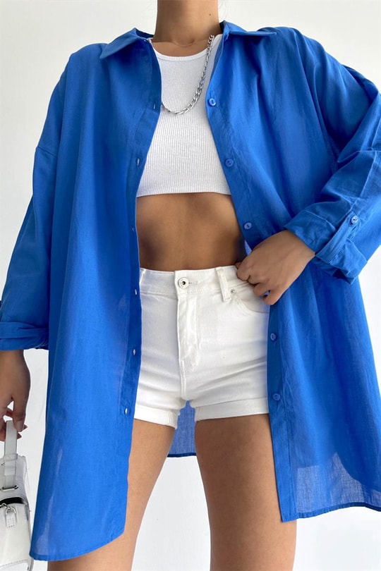 Oversized Trend Gömlek Saks Mavisi
