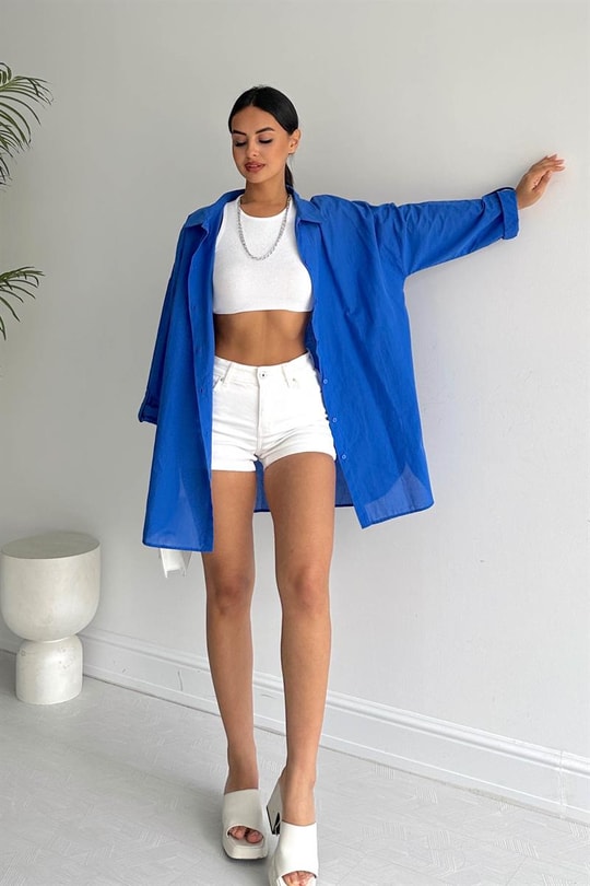 Oversized Trend Gömlek Saks Mavisi