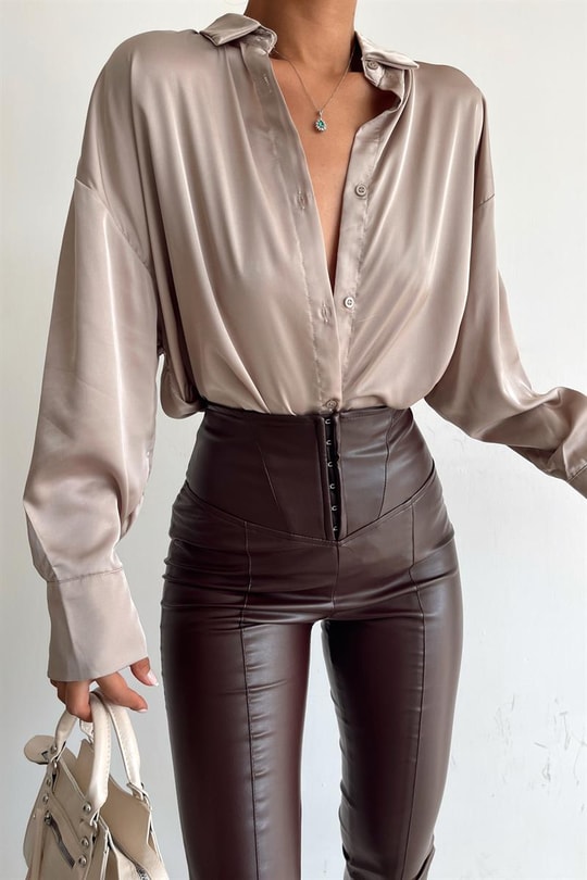 Saten Oversize Gömlek Bej