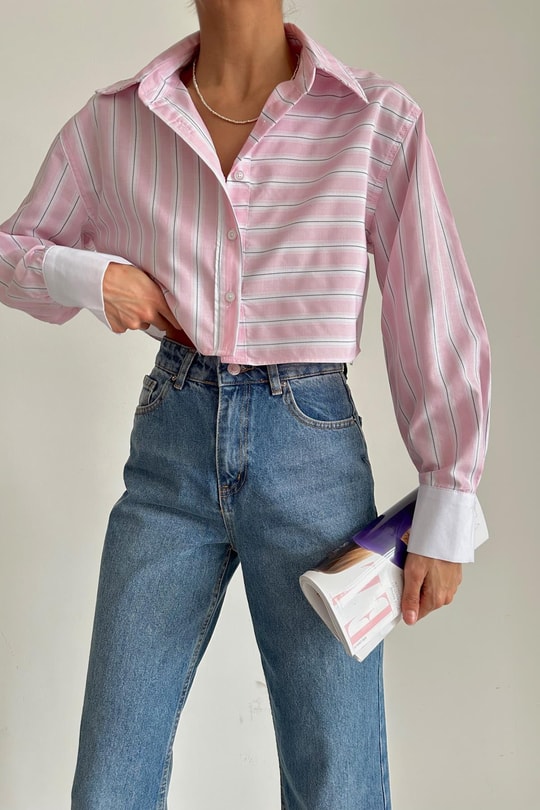 Şerit Detay Crop Gömlek Pembe