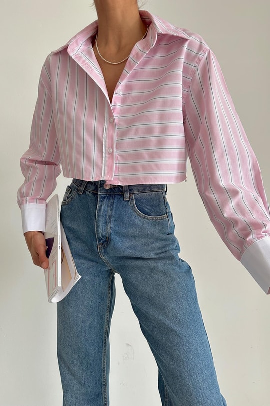 Şerit Detay Crop Gömlek Pembe