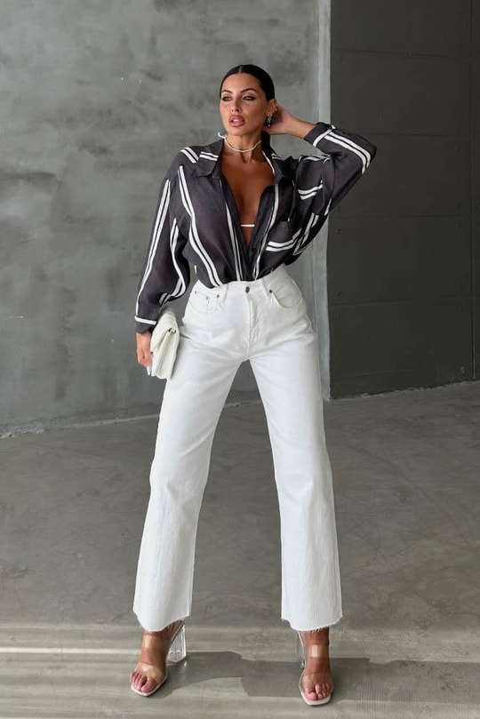 Şeritli Oversize Stripe Gömlek Siyah
