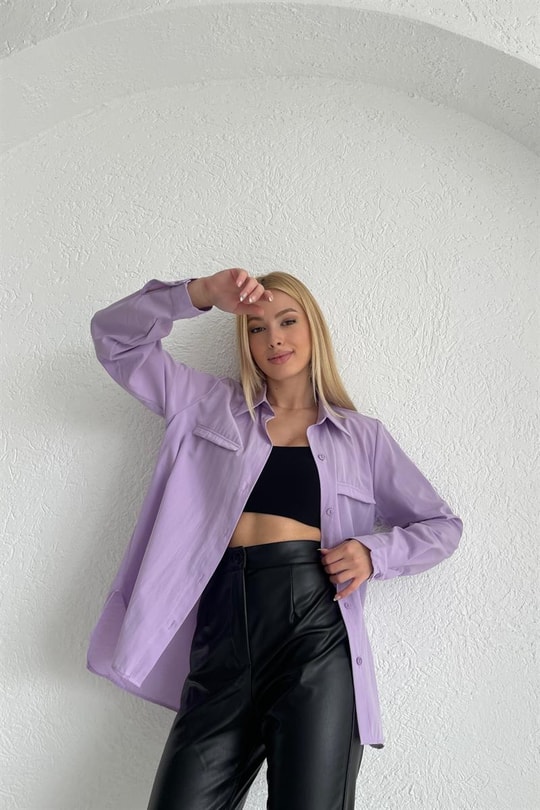 Süs Cep Detay Basic Gömlek Lila