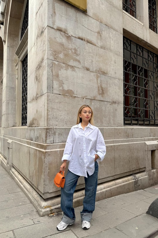 Taşlı Oversize Gömlek Beyaz