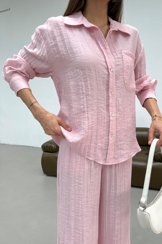 Tek Cep Dokulu Gömlek Pembe