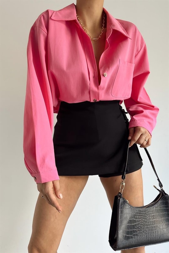 Tek Cep Oversize Gömlek Pembe