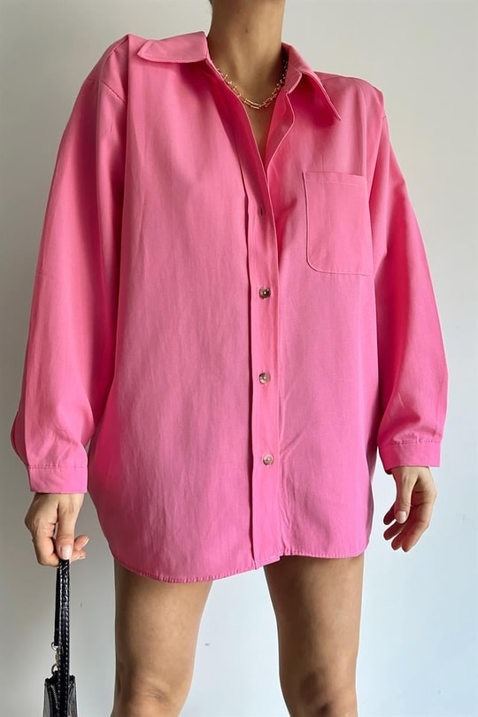 Tek Cep Oversize Gömlek Pembe