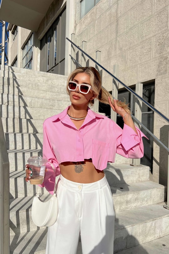 Tek Cepli Crop Gömlek Pembe