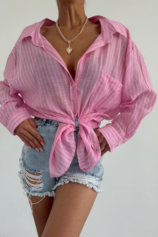 Tek Cepli Oversize Çizgili Gömlek Pembe